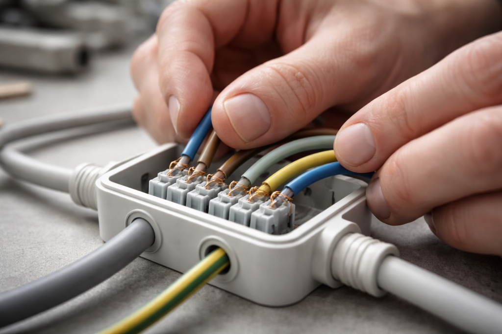 [light] Visuelt symbol for missionen: tæt på hænder, der nøje forbinder farvekodede ledninger i en samlemuffe på en sikker og overskuelig måde, med fokus på præcision og sikkerhed.