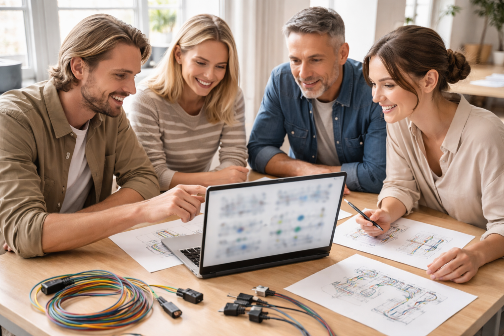 [light] Billede til 'Om os': lille teknisk redaktion eller blogteam i et uformelt kontor, der sammen kigger på kabeldiagrammer og billeder på en laptop ved et lyst skrivebord.