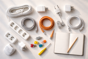 [light] Standard blog-header: fladt layflat-billede af kabelrelaterede emner – forskellige kabler, stik, samlemuffer, lille skitseblok og blyant på et neutralt bord.