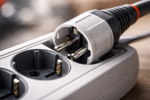 [dark] Detaljebillede: makro-nærbillede af et stik, der præcist føres ind i en samlemuffe eller forlængerledning, så kontakter og materialer ses skarpt.