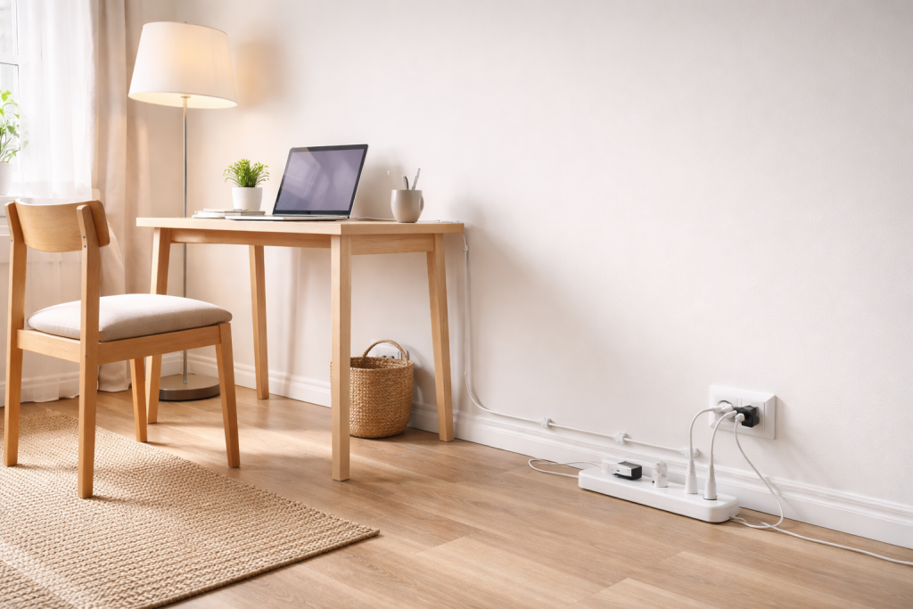 [light] Serviceillustration: indendørs brug af skarvkabler og forlængerledninger – en stue eller kontorhjørne, hvor kabler er ført pænt og sikkert til lamper og elektronik.