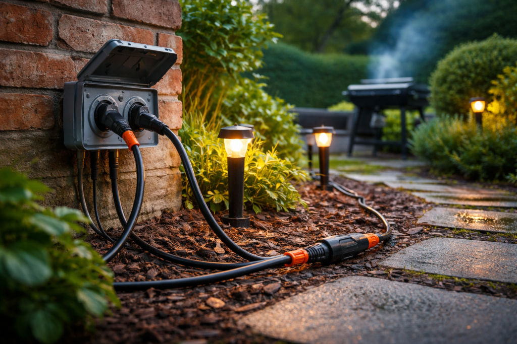 [dark] Serviceillustration: udendørs strøm i haven – udendørs stikdåse og skarvkabler til havebelysning og el-grill, tydeligt vejrbeskyttet og hævet fra jorden.