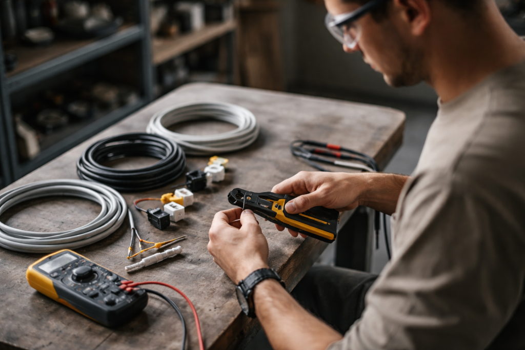 [dark] Serviceillustration: gør-det-selv el i værksted/garage – person, der måler eller forbereder kabler med multimeter og afisoleringstang på et arbejdsbord.